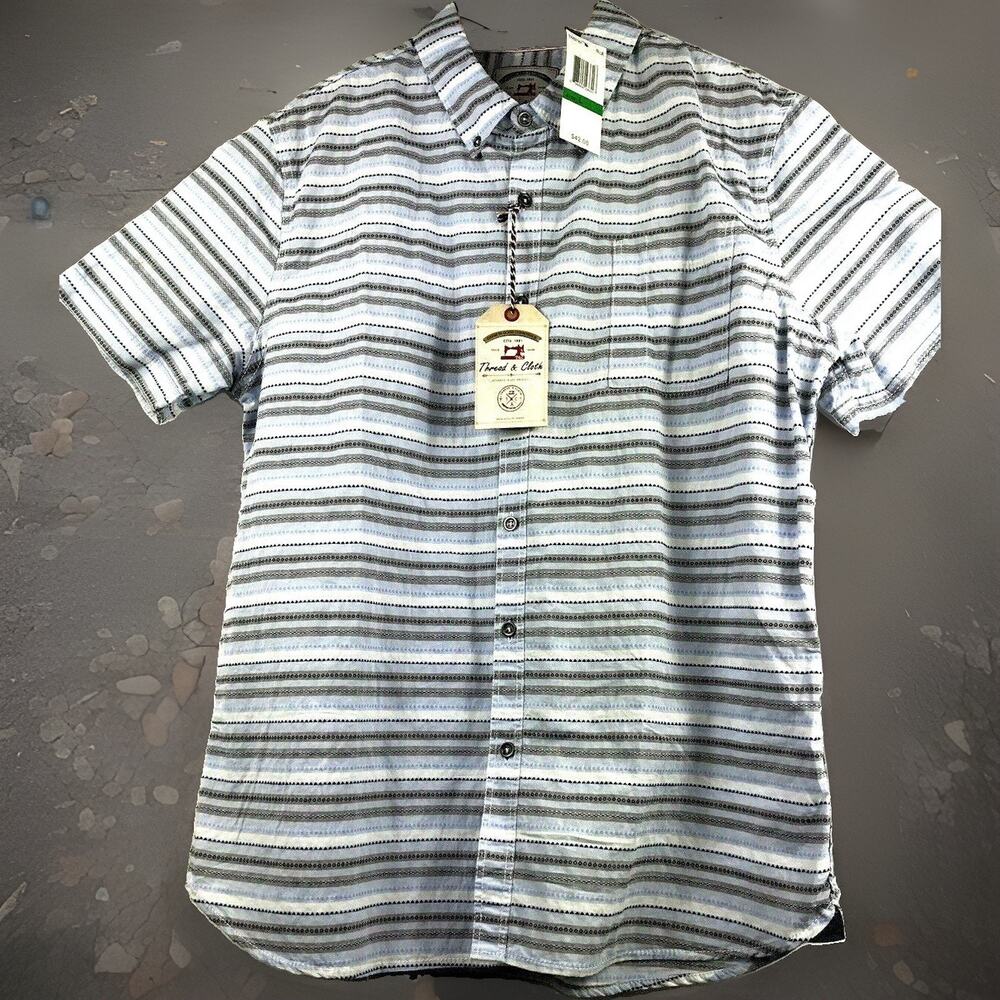 Thread & Cloth Short Sleeve Shirt Mens Large Button Front Blue Stripe Woven NEW